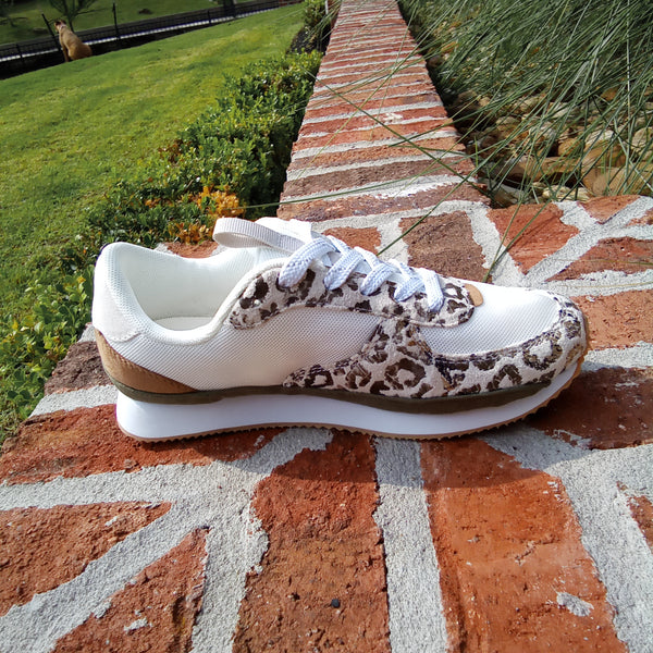 White Sneaker with Olive and Leopard Accents | Very G Runner