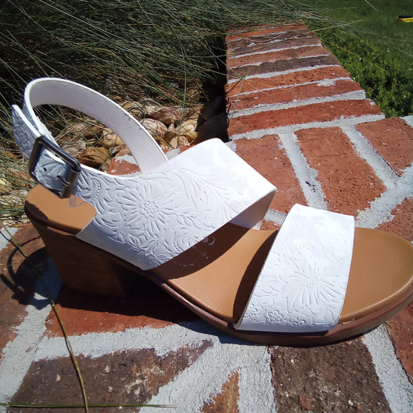 White Embossed Blocked Heel Sandal | Very G - Zarina