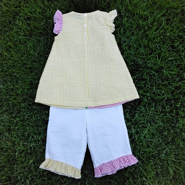 Gingham Seersucker Capri Set with Appliqued Flowers | Bonnie Jean