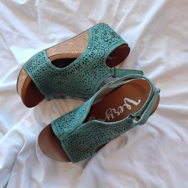 Faux Suede Laser cut Wedge Sandal | Very G Free Fly Turq