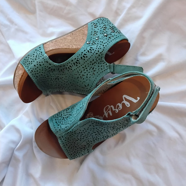 Faux Suede Laser cut Wedge Sandal | Very G Free Fly Turq