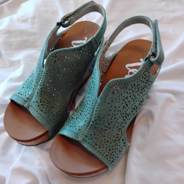Faux Suede Laser cut Wedge Sandal | Very G Free Fly Turq
