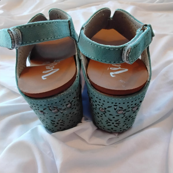 Faux Suede Laser cut Wedge Sandal | Very G Free Fly Turq
