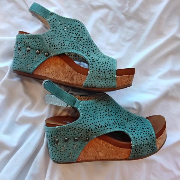 Faux Suede Laser cut Wedge Sandal | Very G Free Fly Turq