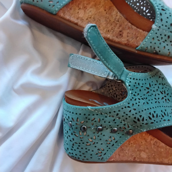 Faux Suede Laser cut Wedge Sandal | Very G Free Fly Turq