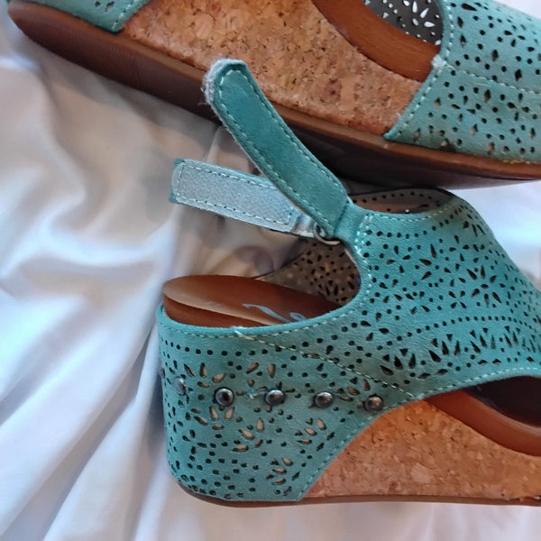Faux Suede Laser cut Wedge Sandal | Very G Free Fly Turq