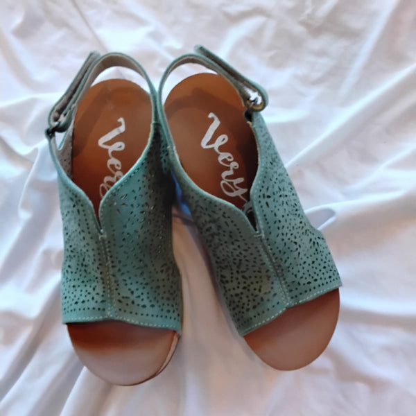 Faux Suede Laser cut Wedge Sandal | Very G Free Fly Turq
