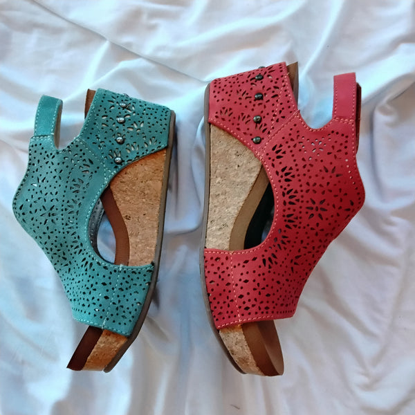 Faux Suede Laser cut Wedge Sandal | Very G Free Fly Turq