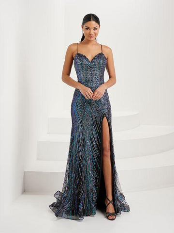 Fitted Spaghetti Strap Gown with Slit | Tiffany