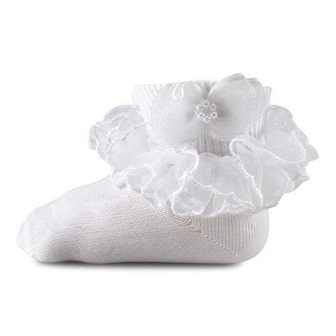 Pageant Lace Pearl with Bow Socks - White