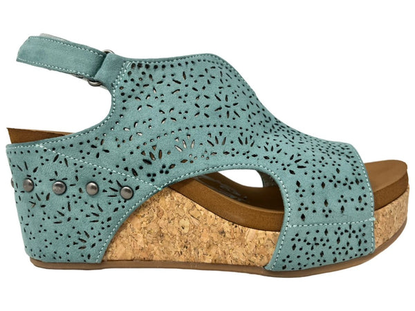 Faux Suede Laser cut Wedge Sandal | Very G Free Fly Turq