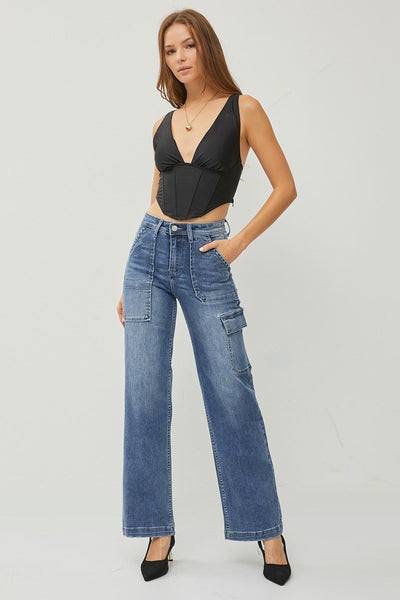 High Rise Cargo Pocket Wide Leg Jeans | Risen RDP5534