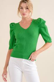 Puff Sleeve Ribbed Knit VNeck Top