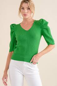 Puff Sleeve Ribbed Vne k Top