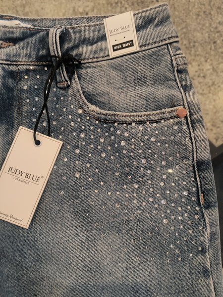 Rhinestone and Denim Stretch Shorts | Judy Blue