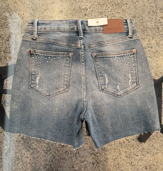 Rhinestone and Denim Stretch Shorts | Judy Blue