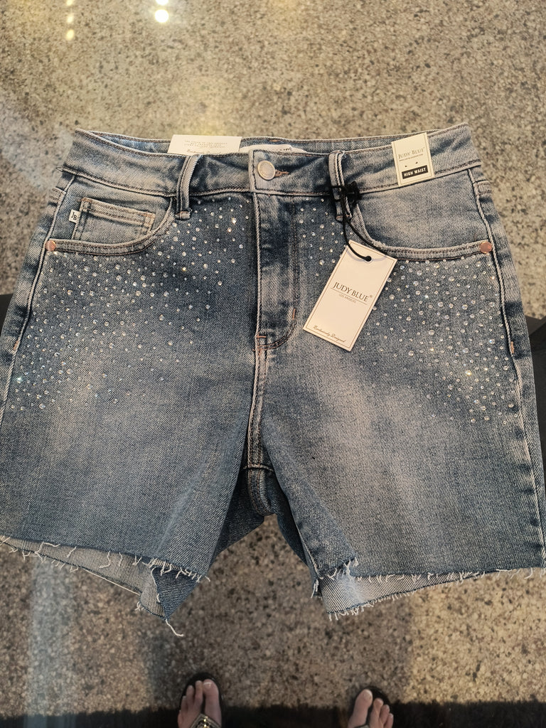 Rhinestone and Denim Stretch Shorts | Judy Blue