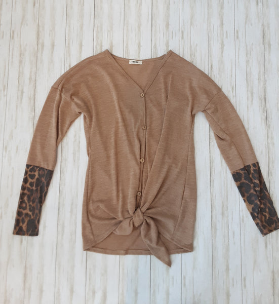 Tie Front V-Neck Top with Leopard Sleeves
