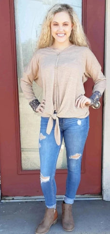 Tie Front V-Neck Top with Leopard Sleeves