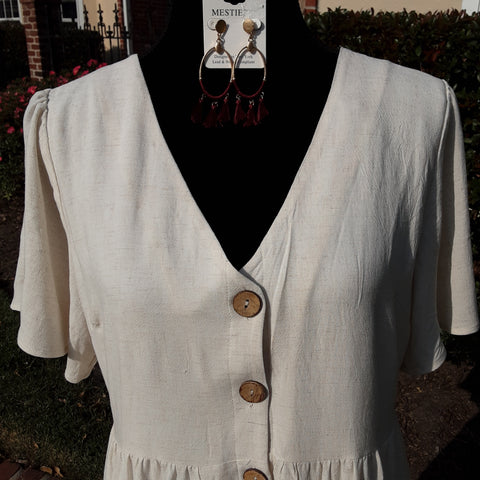 Three Tiered Loose Fit Flowing Dress With Brown Buttons