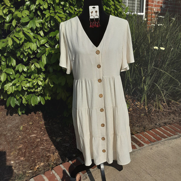 Three Tiered Loose Fit Flowing Dress With Brown Buttons