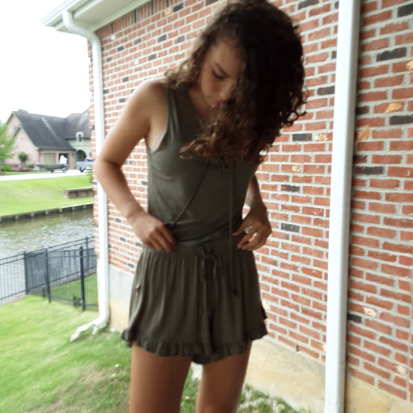 Olive Stretch Knit Ruffle Hem Shorts