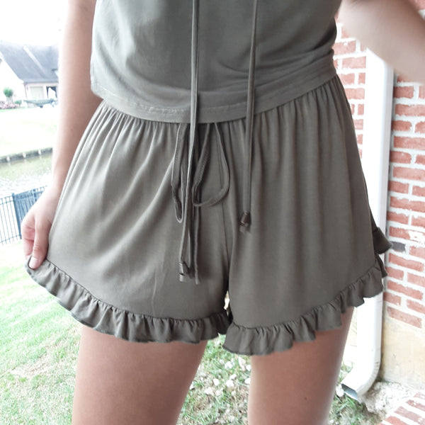 Olive Stretch Knit Ruffle Hem Shorts