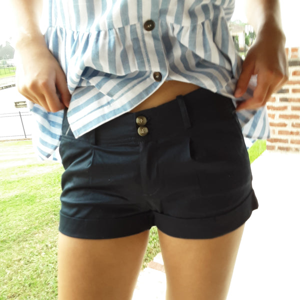 Navy Cuffed Shorts With Button Flap Pockets. | Timing Shorts