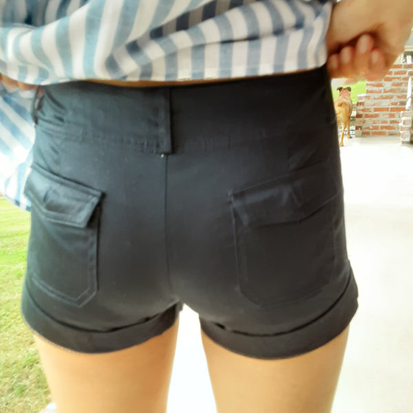 Navy Cuffed Shorts With Button Flap Pockets. | Timing Shorts