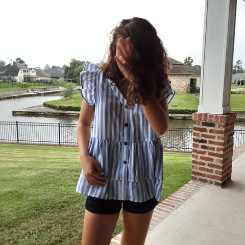 Striped Flutter Sleeve Tiered  Button Down Tunic