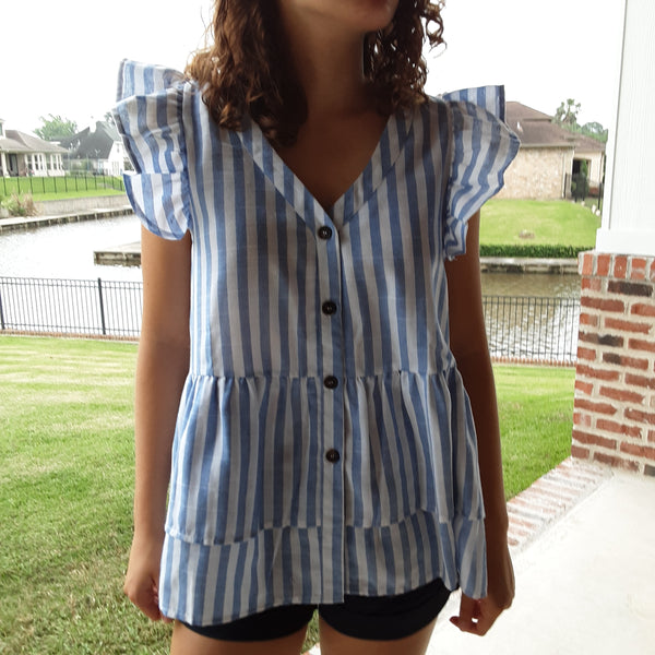 Striped Flutter Sleeve Tiered  Button Down Tunic