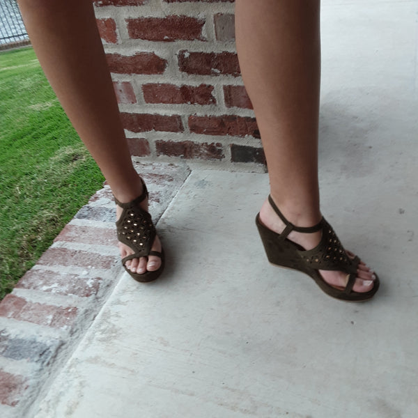 Olive Wedge Sandals with Bronze Stones | Yellow Box Footwear