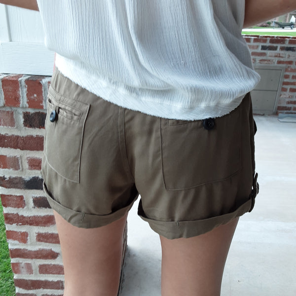 Olive Drawstring Cargo Shorts With Pockets | On Twelfth