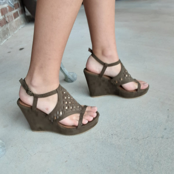 Olive Wedge Sandals with Bronze Stones | Yellow Box Footwear