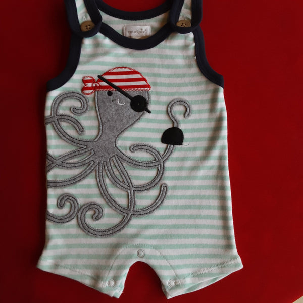 Stripe shortall with appliqued pirate octopus.