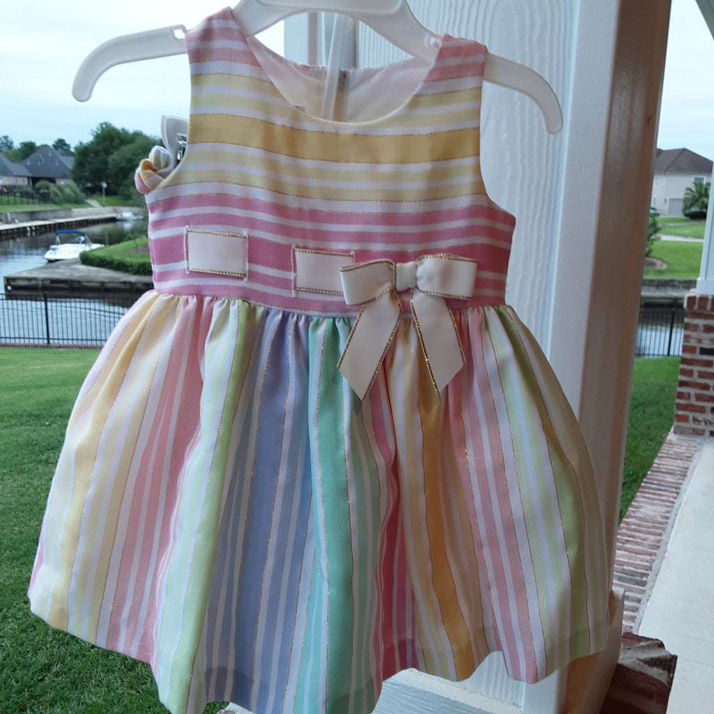 Pastel & Metallic Gold Stripe Dress with Laced Bow Detail & Matching Bloomers | Bonnie Jean Pastel & Metallic Gold Stripe Dress with Laced Bow Detail & Matching Bloomers | Bonnie Jean