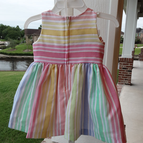 Pastel & Metallic Gold Stripe Dress with Laced Bow Detail & Matching Bloomers | Bonnie Jean