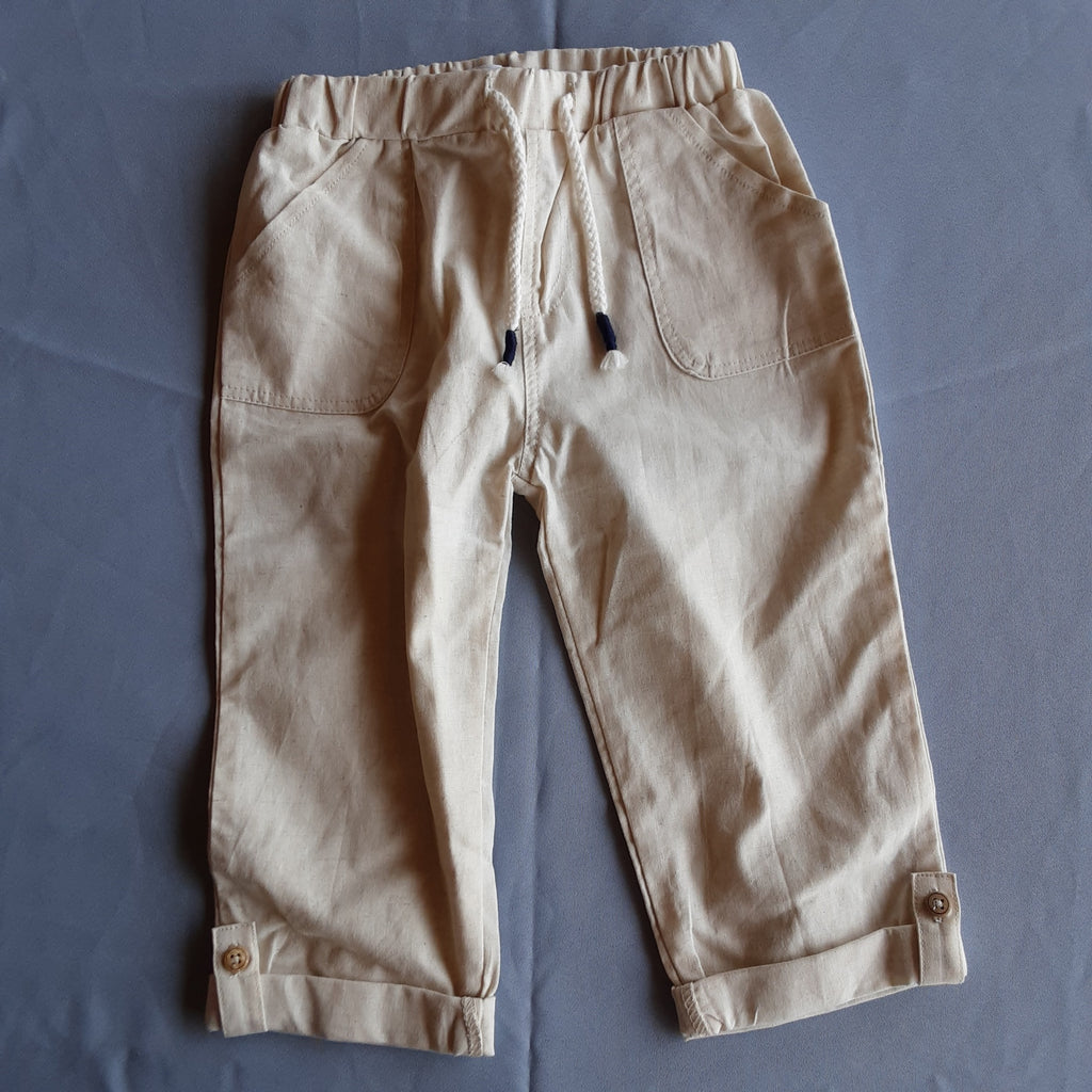 Khaki Faux Linen Drawstring Pants