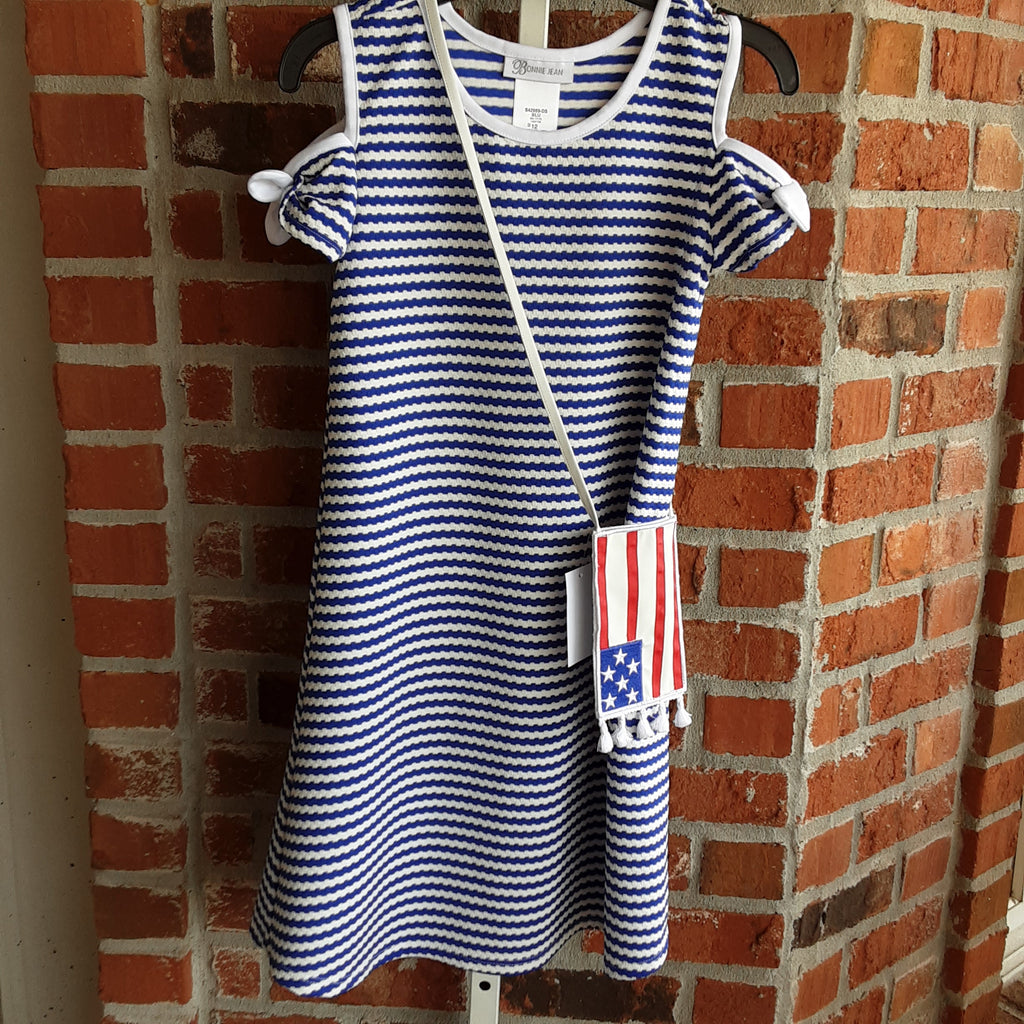 Striped Cold Shoulder Dress with Flag Coss Body Pouch
