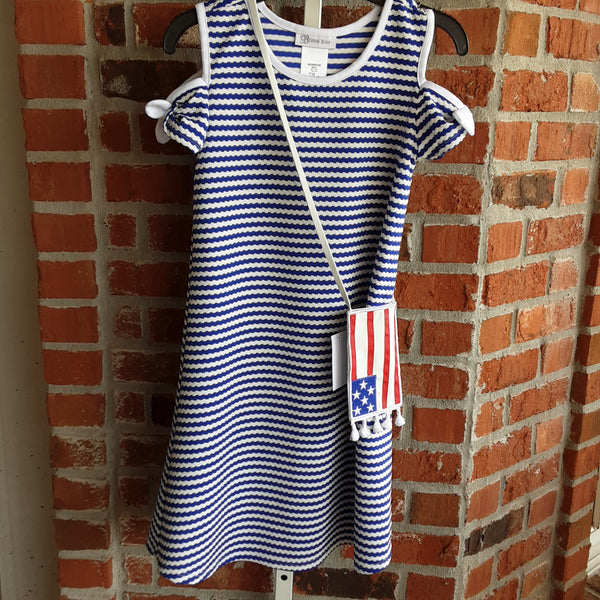 Striped Cold Shoulder Dress with Flag Coss Body Pouch