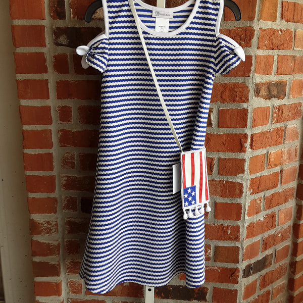 Striped Cold Shoulder Dress with Flag Coss Body Pouch