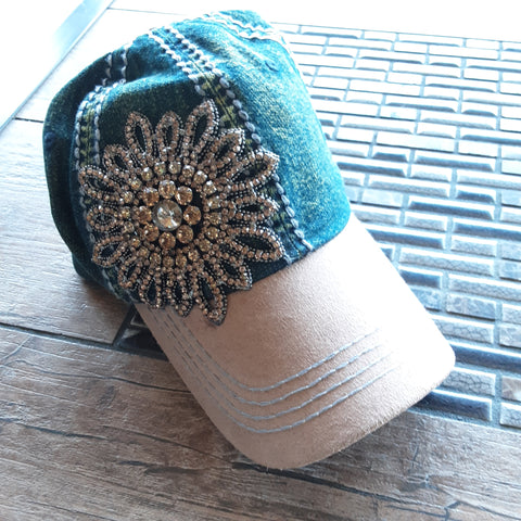 Bling Burst Denim and Suede Baseball Cap