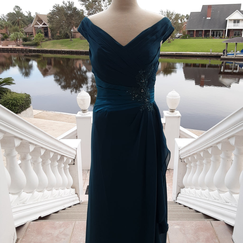 Teal Portrait Neckline Off Shoulder Dress – The Classy Peacock