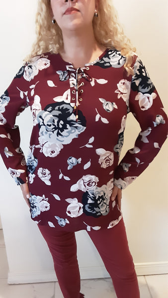Oversize Floral Blouse with Lace Up Front | Mud Pie