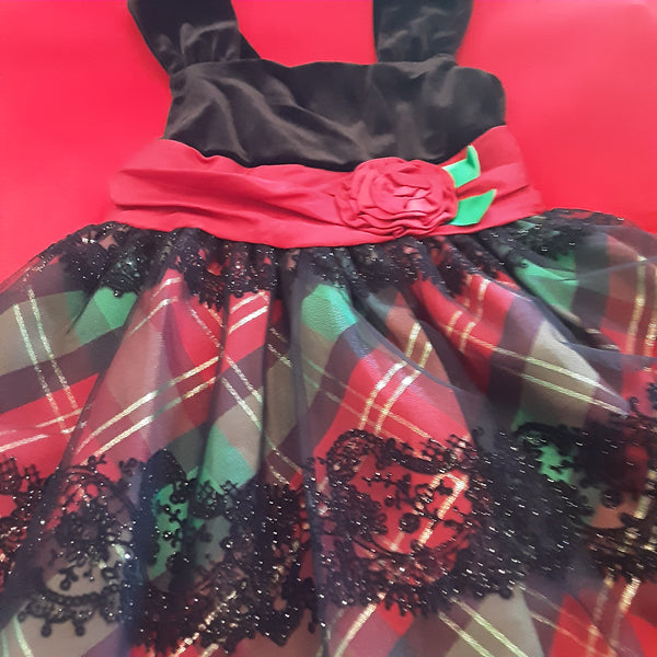 Velvet bodice with red & green plaid & Lace Dress