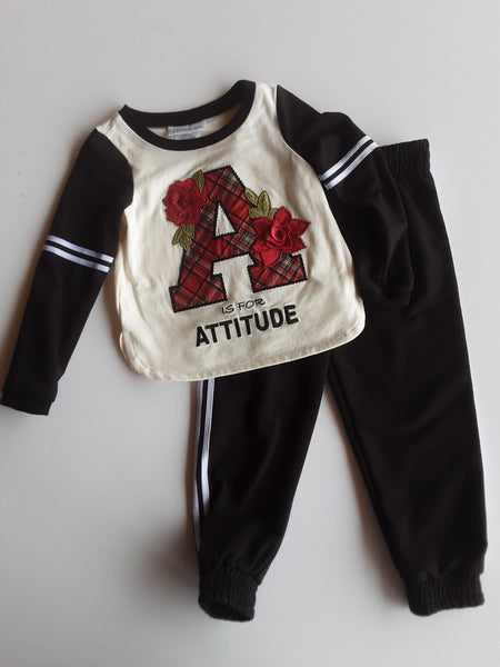 A is for Attitude Embroidered Shirt and Athletic Stripe Jogger Pant | Bonnie Jean