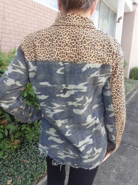 Distressed Leopard & Camo Button Front Frayed Hem Shirt