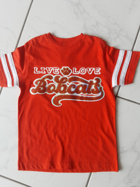 "Live Love Bobcats" Glitter & Hologram T-shirt - Orange