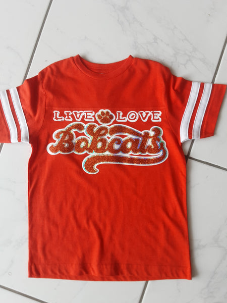 "Live Love Bobcats" Glitter & Hologram T-shirt - Orange