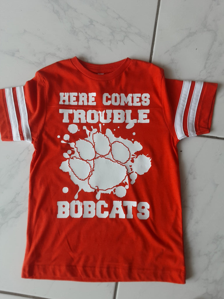 "Here Comes Trouble -  Bobcats" Paw Print Shirt - Orange T-shirt